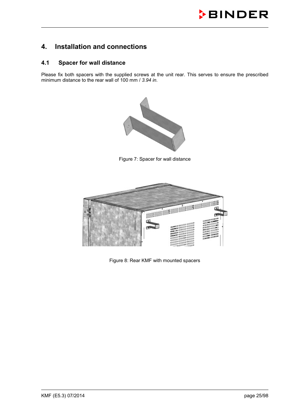 Installation and connections, 1 spacer for wall distance | BINDER KMF 115 User Manual | Page 25 / 99