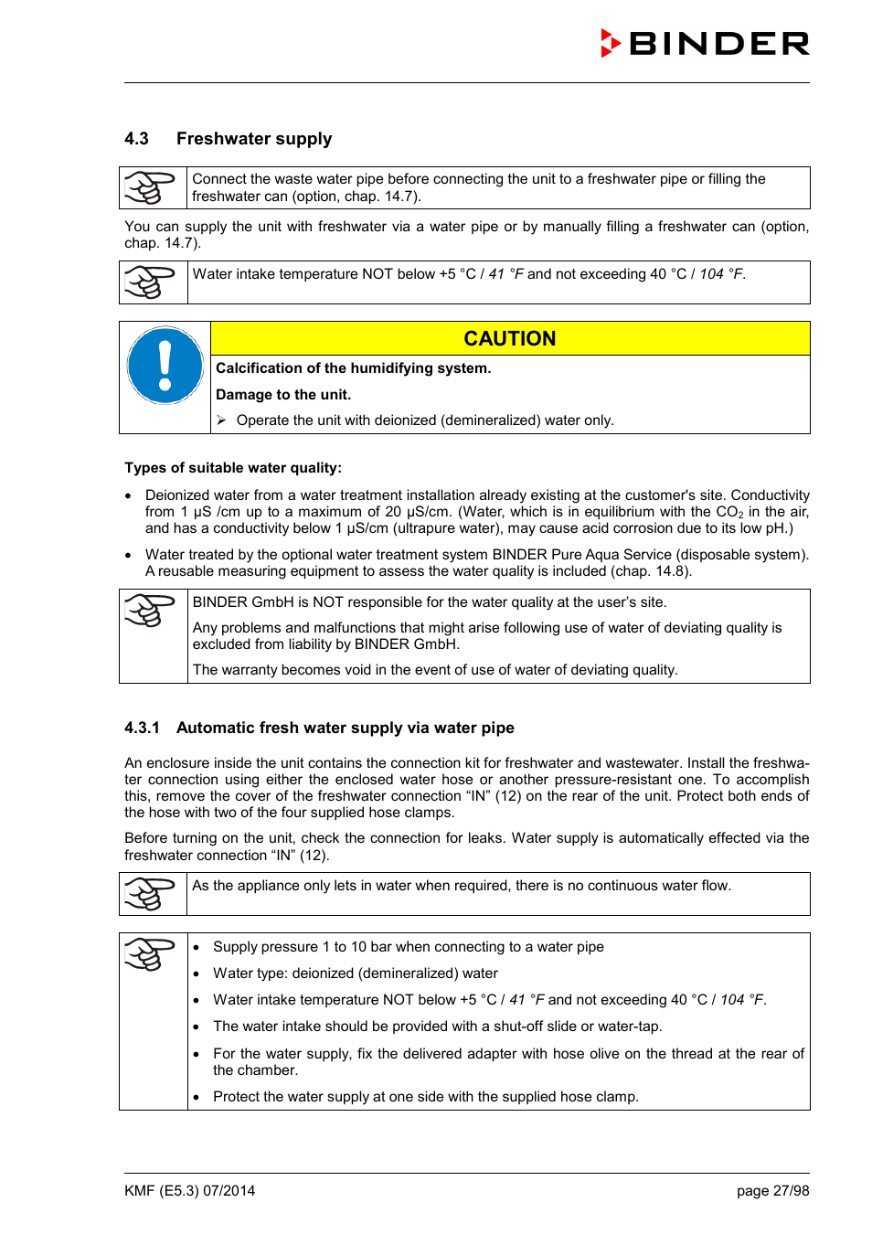 3 freshwater supply, 1 automatic fresh water supply via water pipe, Caution | BINDER KMF 115 User Manual | Page 27 / 99