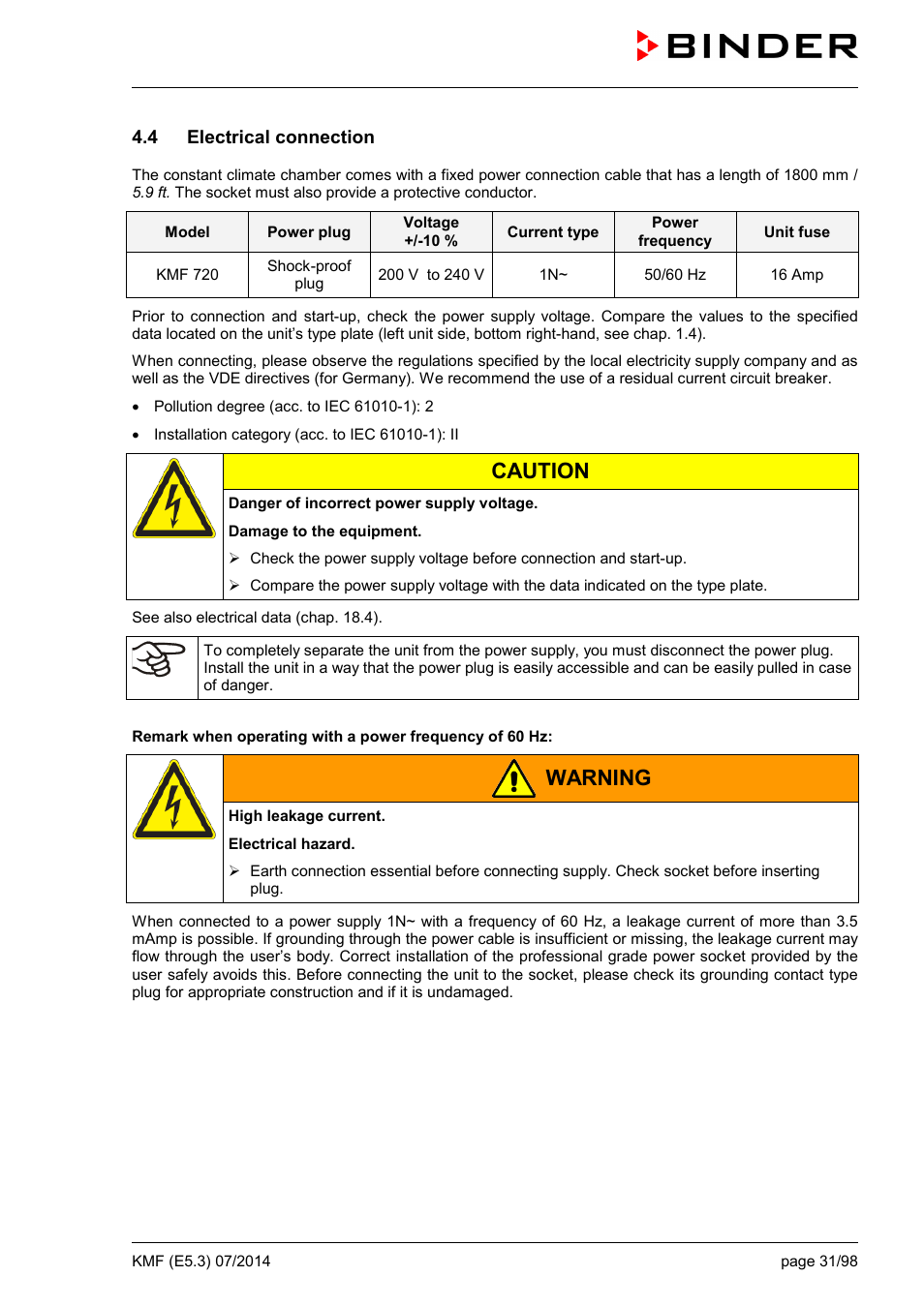 4 electrical connection, Caution, Warning | BINDER KMF 115 User Manual | Page 31 / 99
