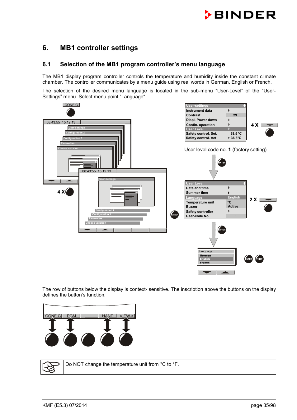 Mb1 controller settings | BINDER KMF 115 User Manual | Page 35 / 99