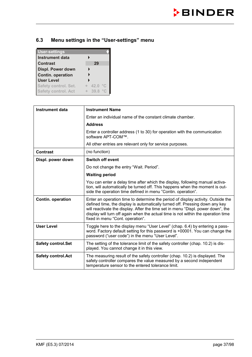 3 menu settings in the “user-settings” menu | BINDER KMF 115 User Manual | Page 37 / 99