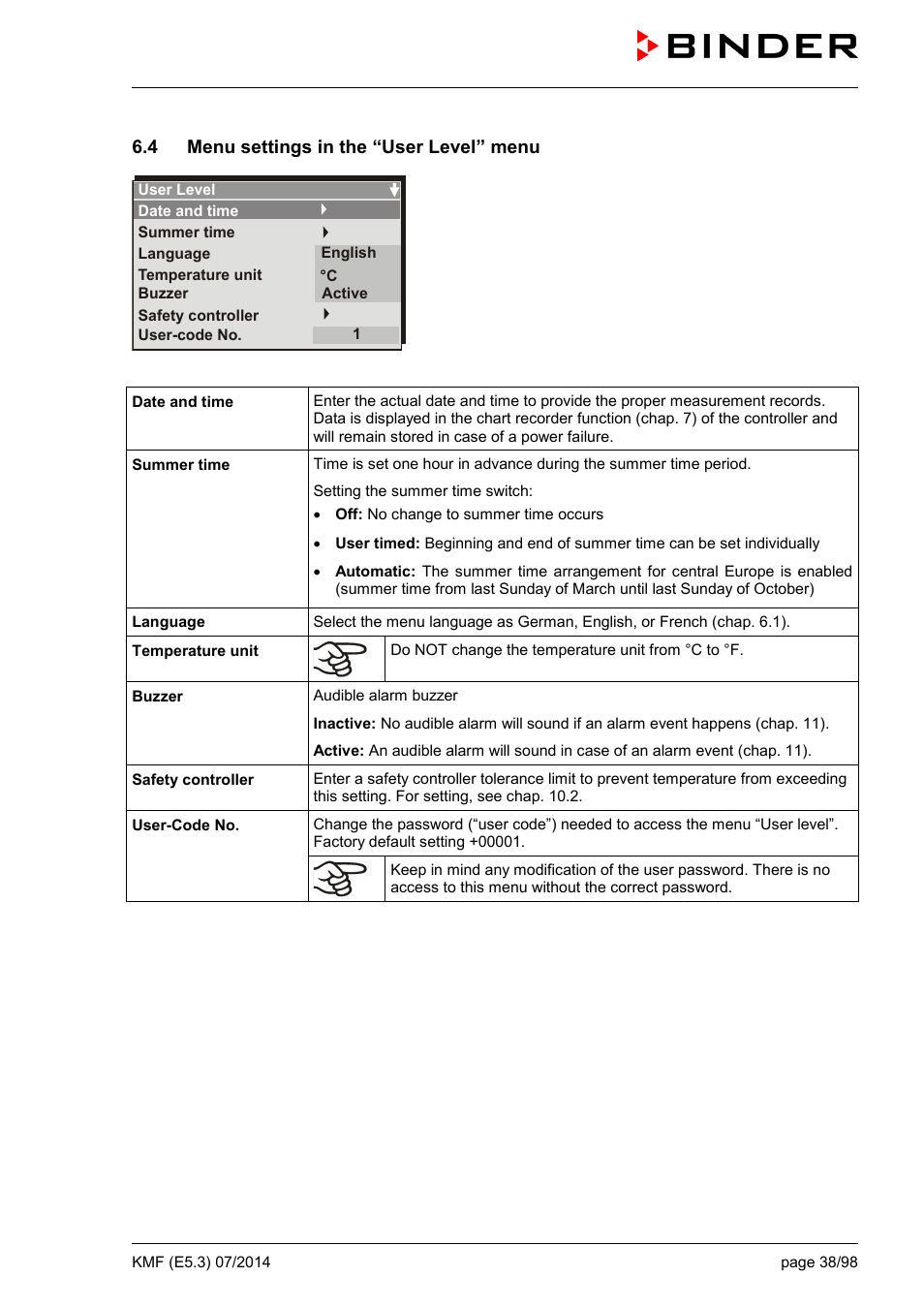 4 menu settings in the “user level” menu | BINDER KMF 115 User Manual | Page 38 / 99