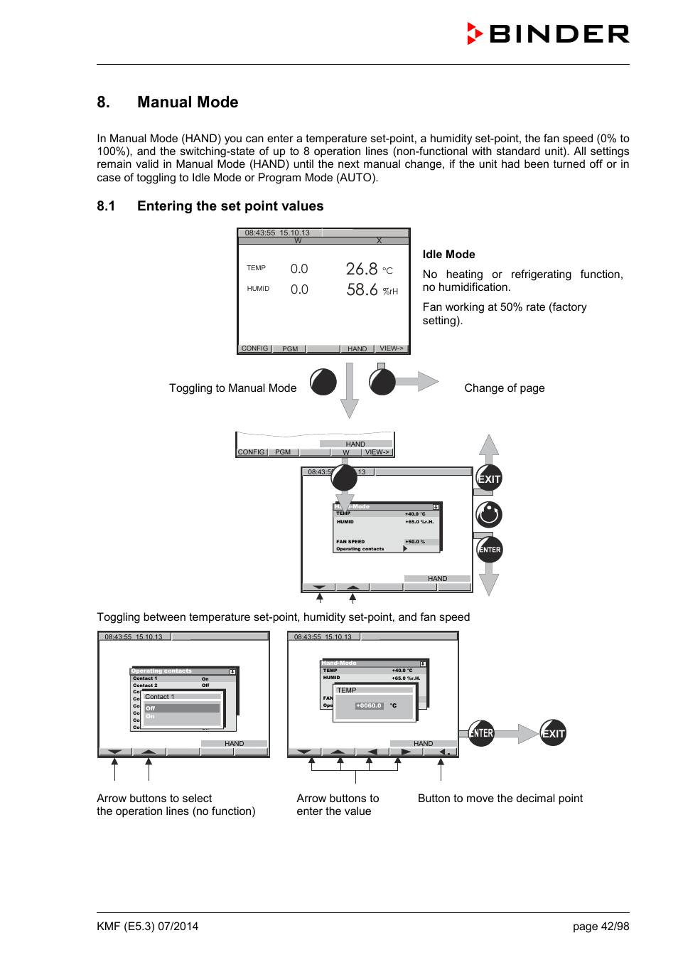 Manual mode, 1 entering the set point values | BINDER KMF 115 User Manual | Page 42 / 99