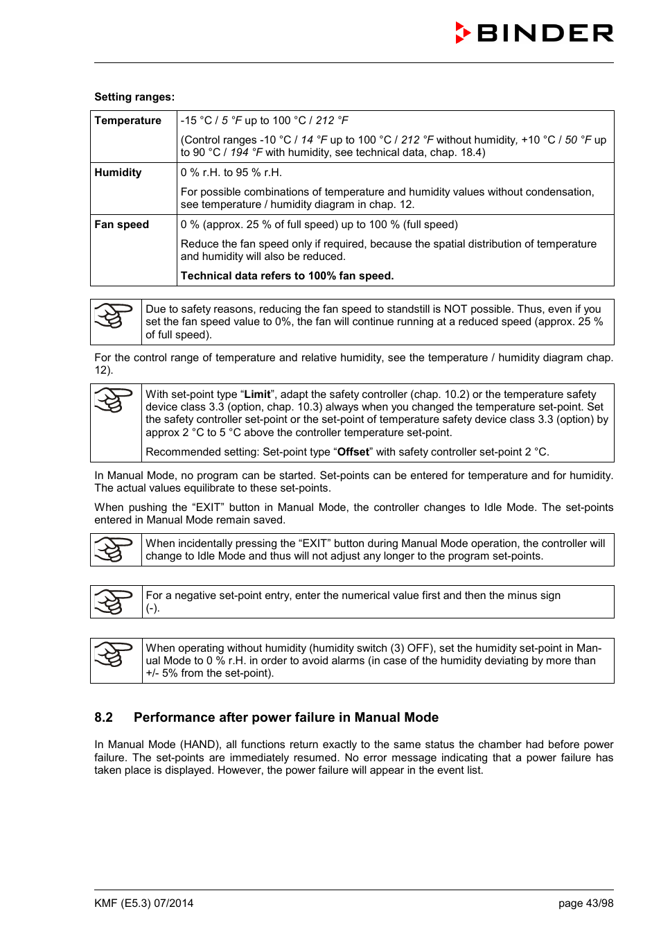 2 performance after power failure in manual mode | BINDER KMF 115 User Manual | Page 43 / 99