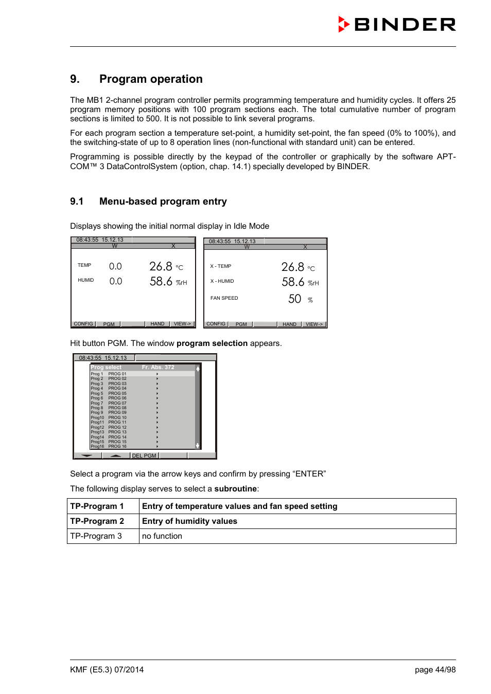 Program operation, 1 menu-based program entry | BINDER KMF 115 User Manual | Page 44 / 99