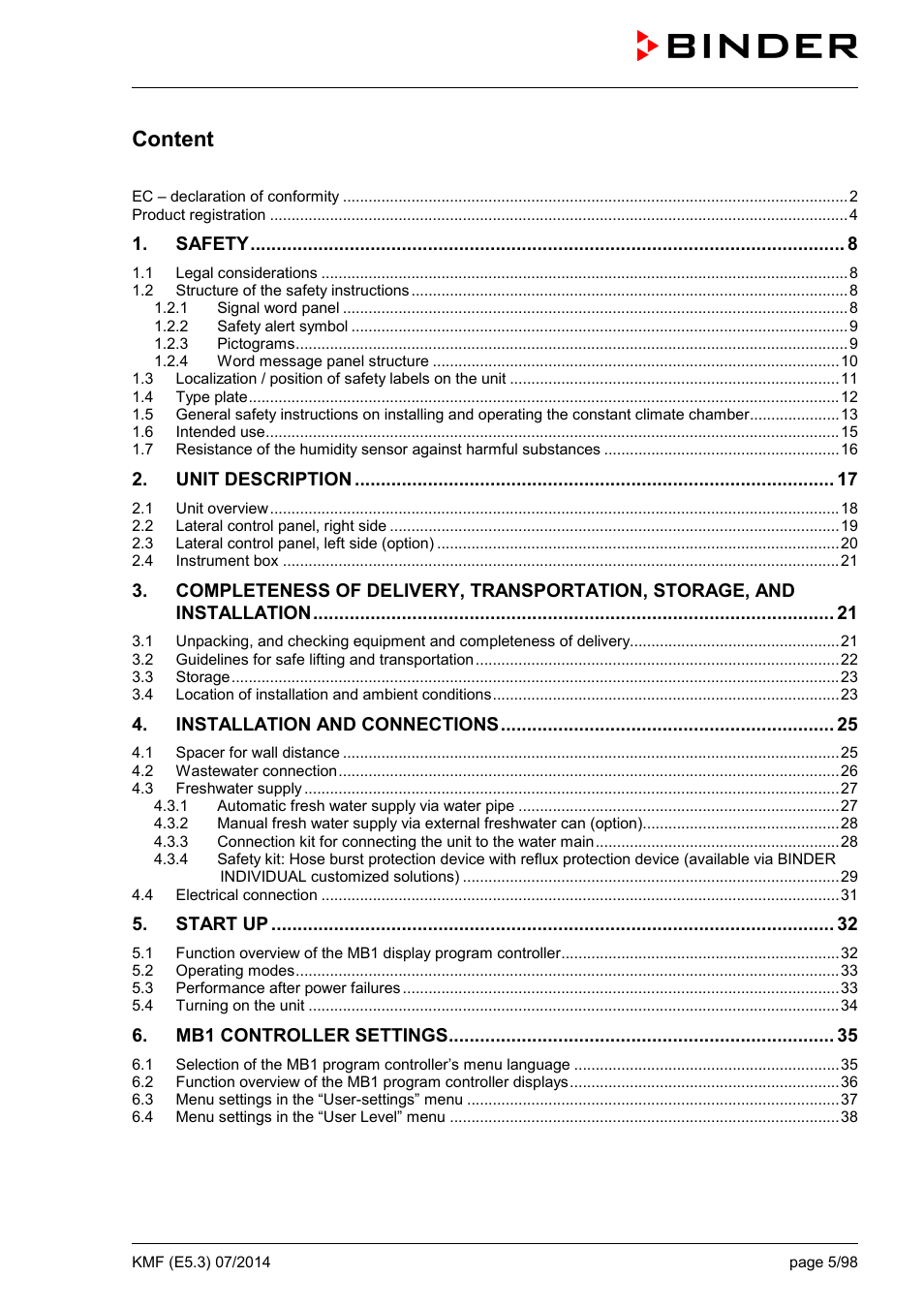 Content | BINDER KMF 115 User Manual | Page 5 / 99
