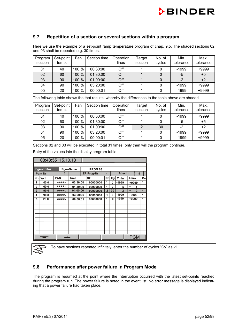 8 performance after power failure in program mode | BINDER KMF 115 User Manual | Page 52 / 99