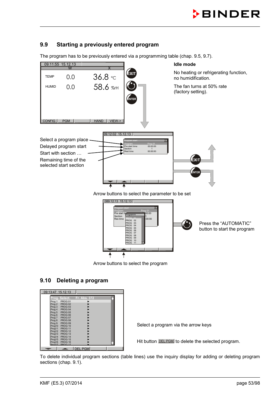 9 starting a previously entered program, 10 deleting a program, Select a program via the arrow keys hit button | BINDER KMF 115 User Manual | Page 53 / 99