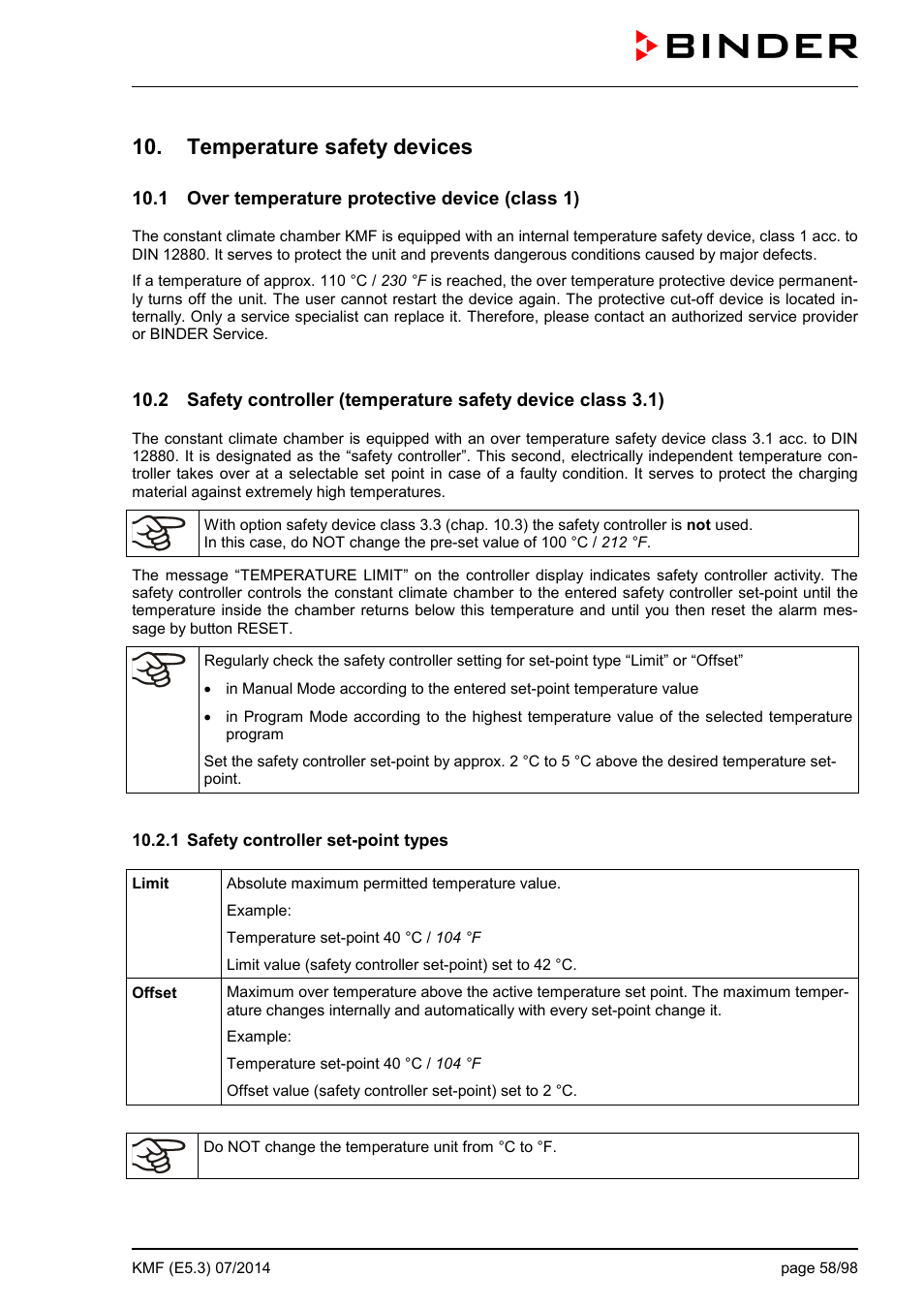 Temperature safety devices, 1 over temperature protective device (class 1), 1 safety controller set-point types | BINDER KMF 115 User Manual | Page 58 / 99