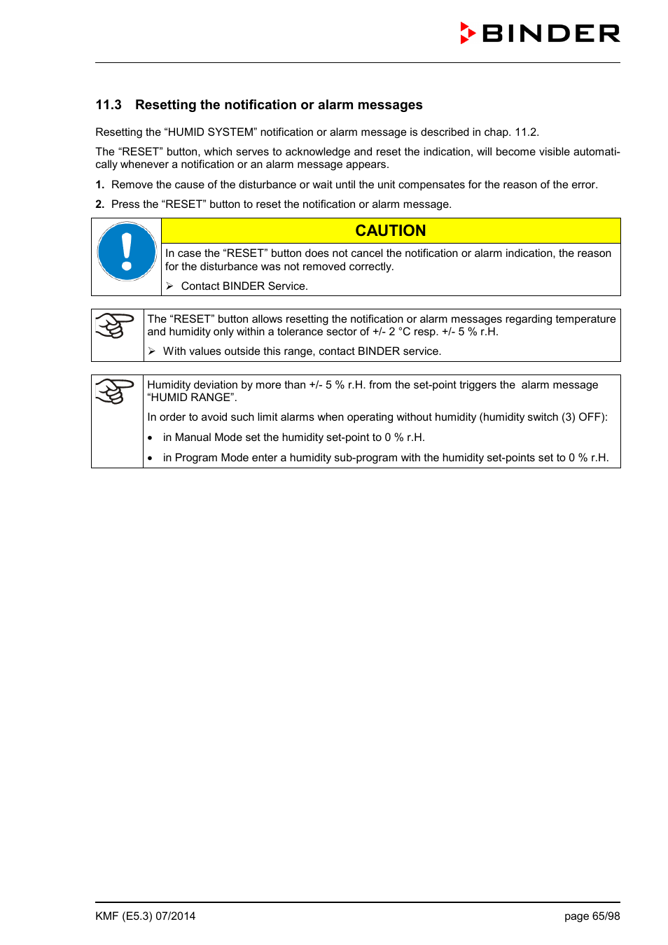 3 resetting the notification or alarm messages, Caution | BINDER KMF 115 User Manual | Page 65 / 99