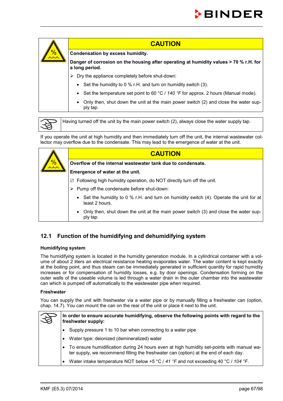 Caution | BINDER KMF 115 User Manual | Page 67 / 99
