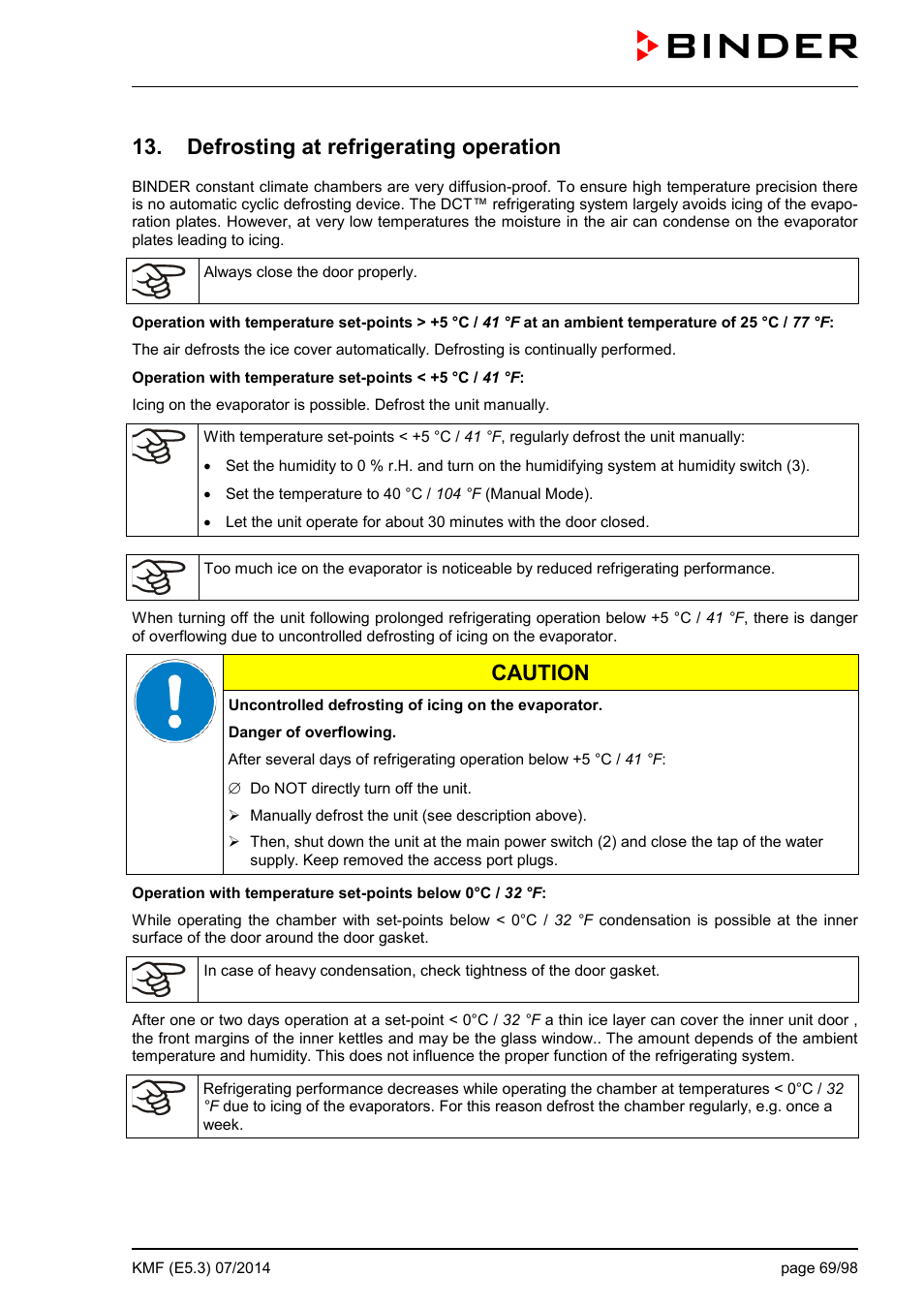 Defrosting at refrigerating operation, Caution | BINDER KMF 115 User Manual | Page 69 / 99