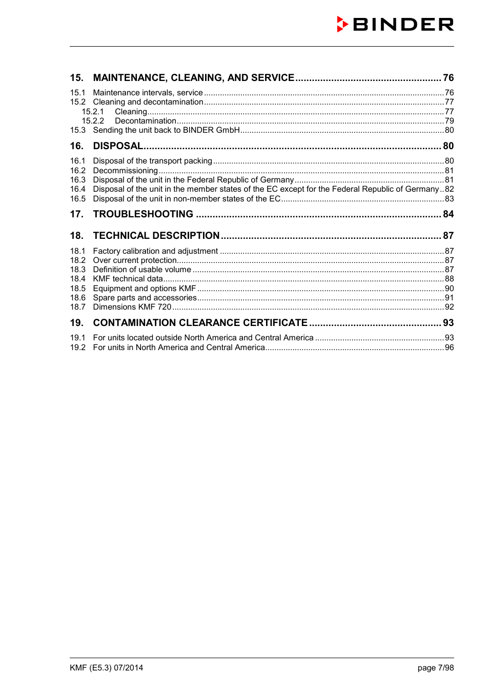 BINDER KMF 115 User Manual | Page 7 / 99