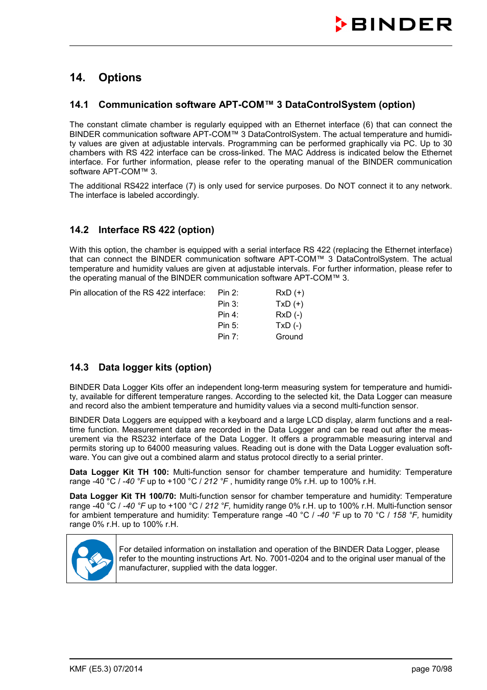 Options, 2 interface rs 422 (option), 3 data logger kits (option) | BINDER KMF 115 User Manual | Page 70 / 99