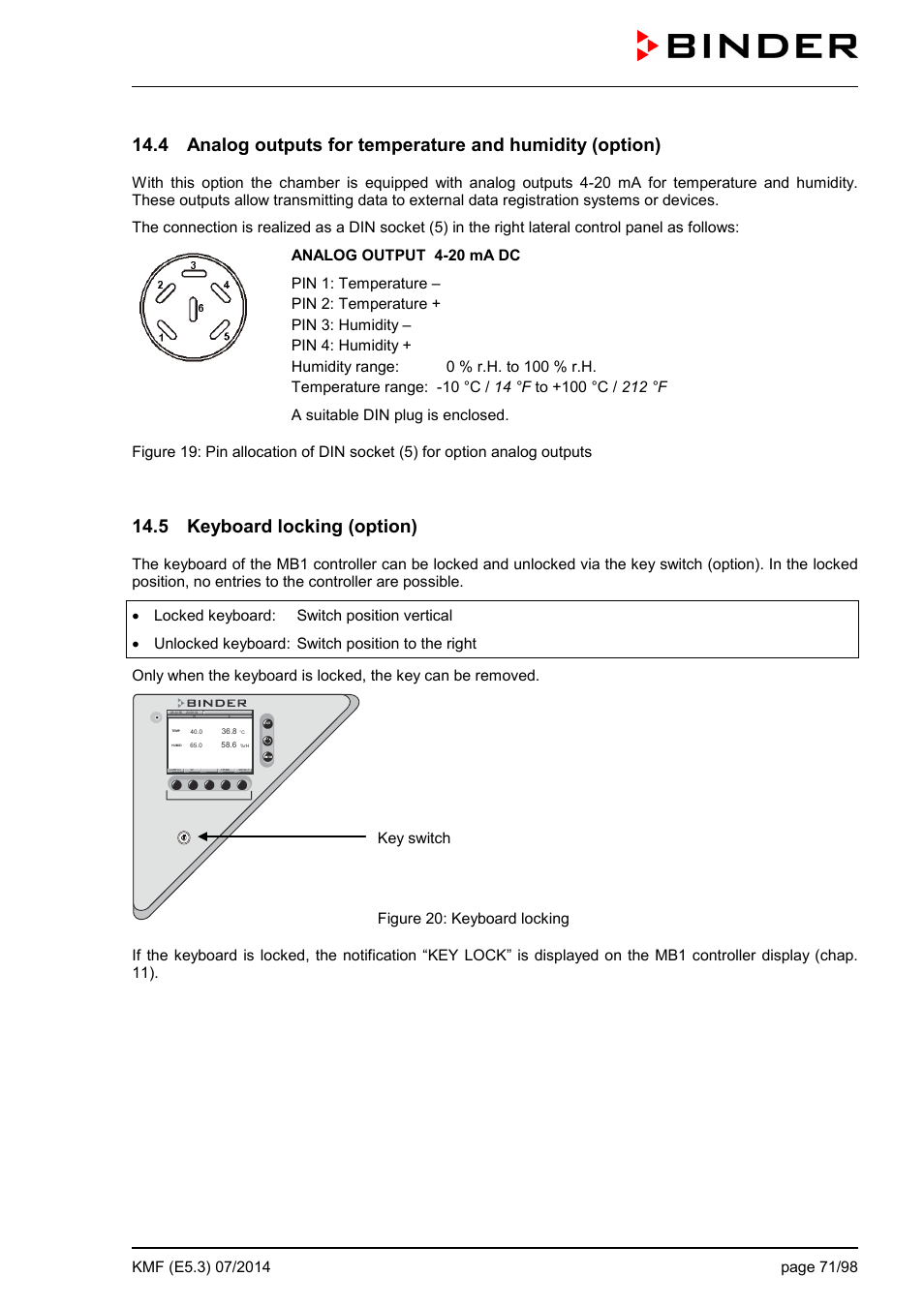 5 keyboard locking (option) | BINDER KMF 115 User Manual | Page 71 / 99