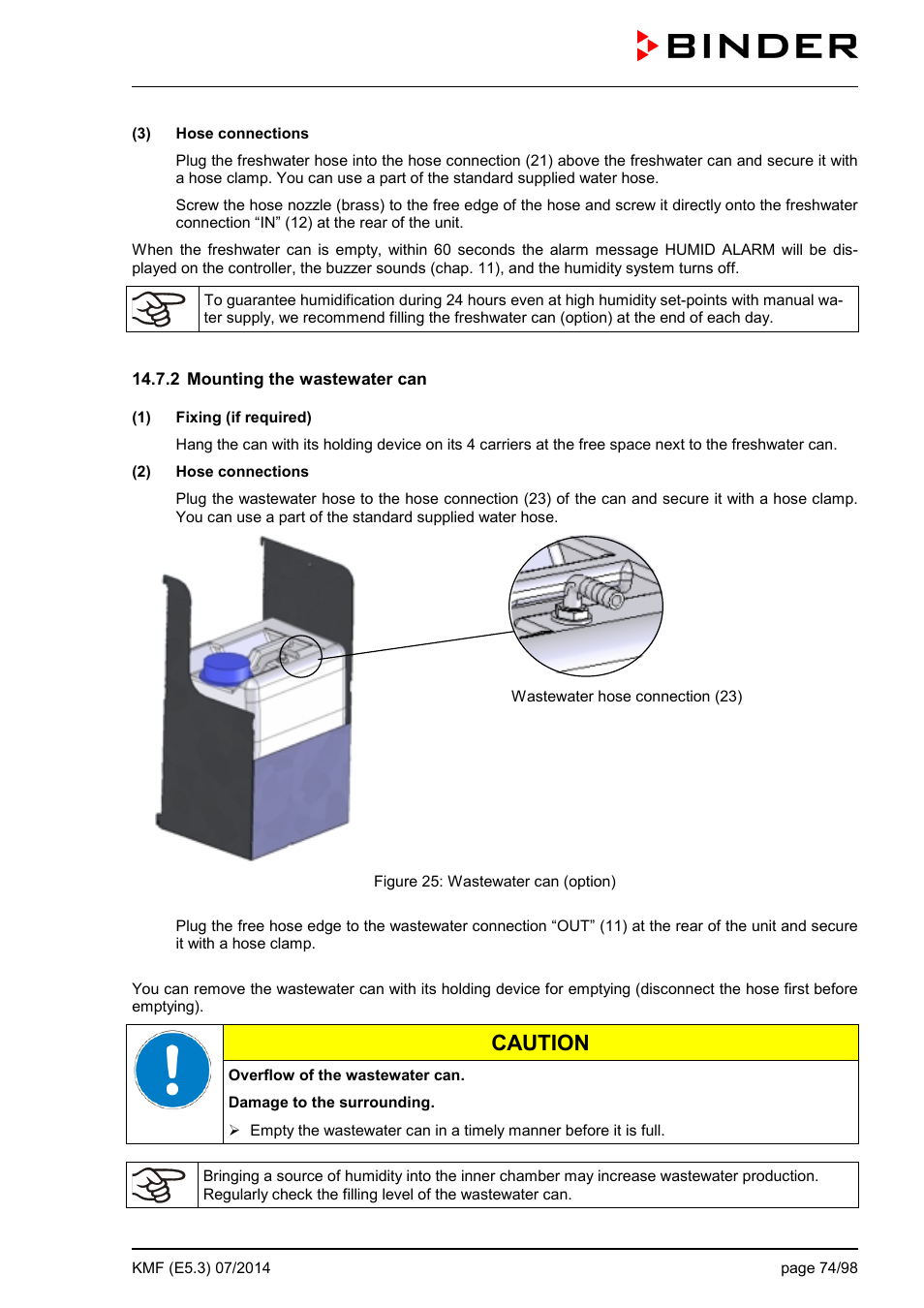 2 mounting the wastewater can, Caution | BINDER KMF 115 User Manual | Page 74 / 99