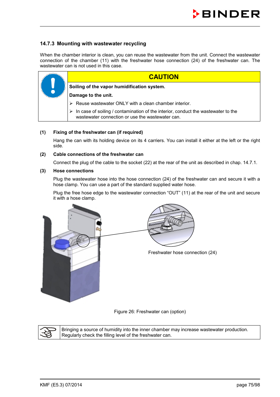 3 mounting with wastewater recycling, Caution | BINDER KMF 115 User Manual | Page 75 / 99