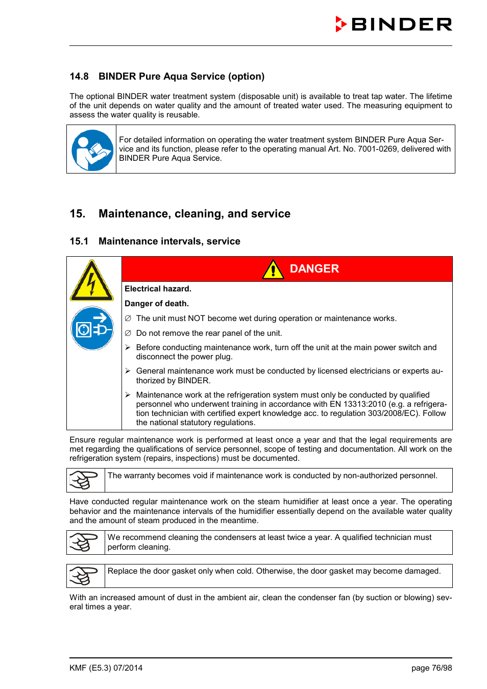 8 binder pure aqua service (option), Maintenance, cleaning, and service, 1 maintenance intervals, service | Danger | BINDER KMF 115 User Manual | Page 76 / 99