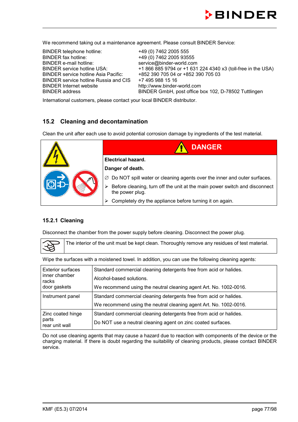 2 cleaning and decontamination, 1 cleaning, Danger | BINDER KMF 115 User Manual | Page 77 / 99
