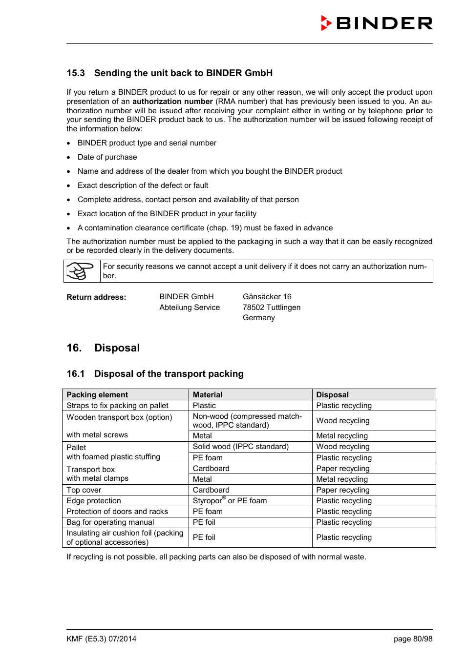 3 sending the unit back to binder gmbh, Disposal, 1 disposal of the transport packing | BINDER KMF 115 User Manual | Page 80 / 99