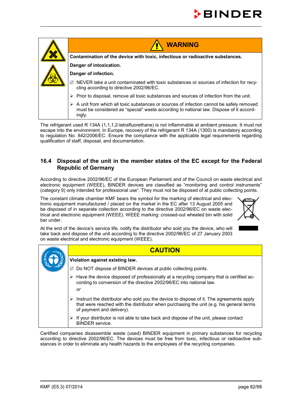 Warning, Caution | BINDER KMF 115 User Manual | Page 82 / 99