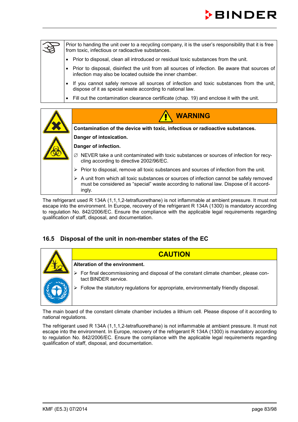 Warning, Caution | BINDER KMF 115 User Manual | Page 83 / 99
