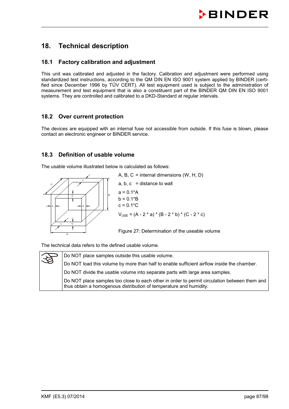 Technical description, 1 factory calibration and adjustment, 2 over current protection | 3 definition of usable volume | BINDER KMF 115 User Manual | Page 87 / 99