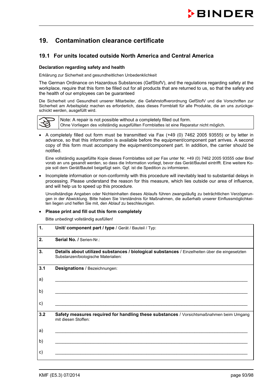 Contamination clearance certificate | BINDER KMF 115 User Manual | Page 93 / 99