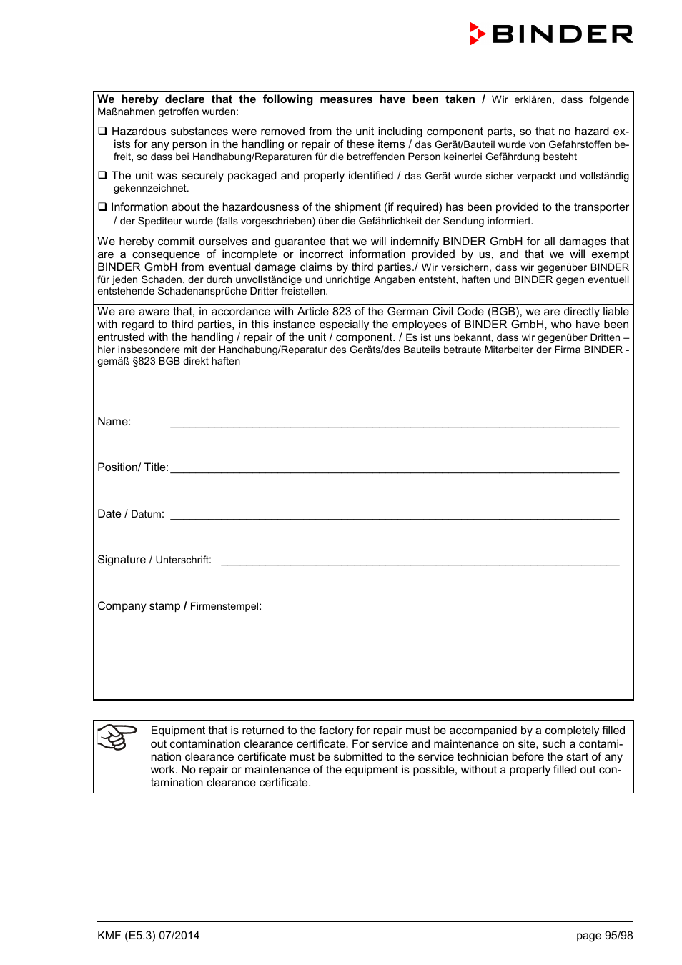 BINDER KMF 115 User Manual | Page 95 / 99
