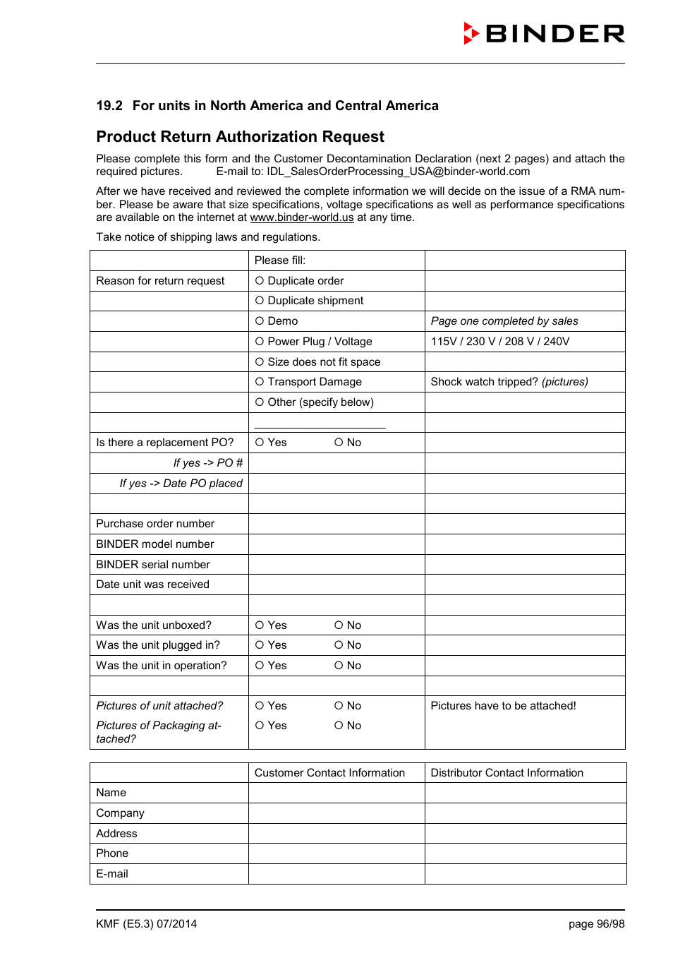 2 for units in north america and central america, Product return authorization request | BINDER KMF 115 User Manual | Page 96 / 99