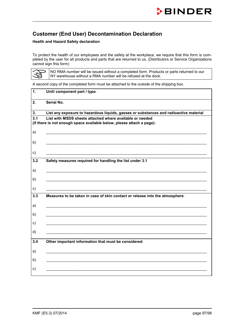 Customer (end user) decontamination declaration | BINDER KMF 115 User Manual | Page 97 / 99