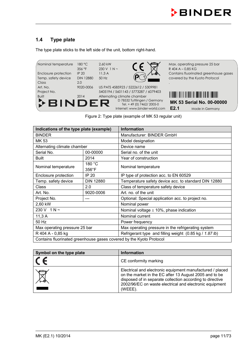 4 type plate | BINDER MK 53 User Manual | Page 11 / 73