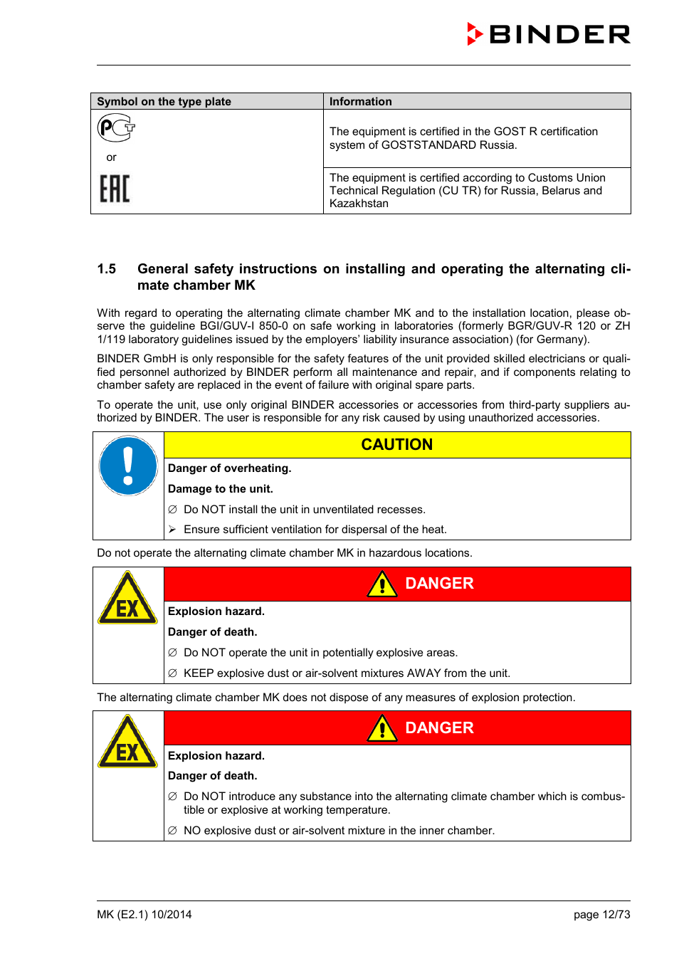 Caution, Danger | BINDER MK 53 User Manual | Page 12 / 73