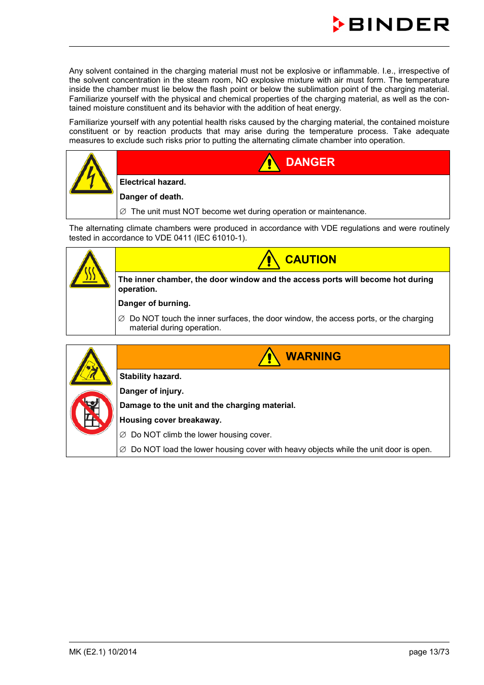 Danger, Caution, Warning | BINDER MK 53 User Manual | Page 13 / 73