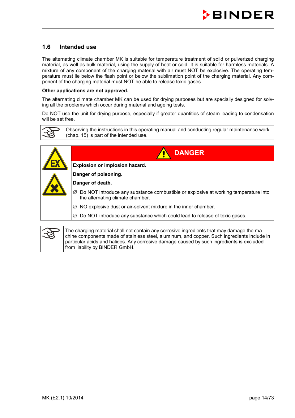 6 intended use, Danger | BINDER MK 53 User Manual | Page 14 / 73