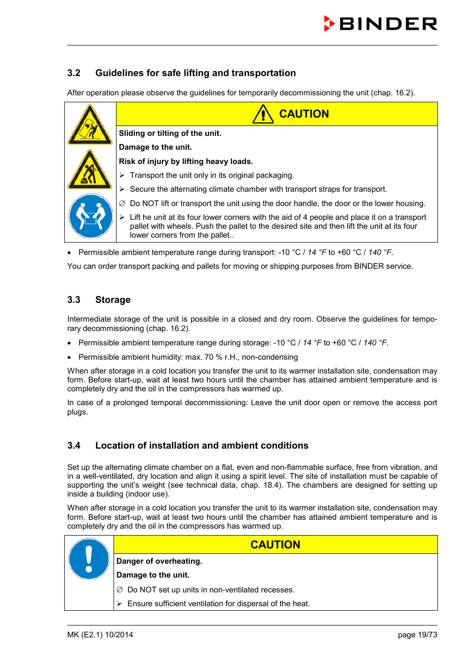 2 guidelines for safe lifting and transportation, 3 storage, 4 location of installation and ambient conditions | Caution | BINDER MK 53 User Manual | Page 19 / 73