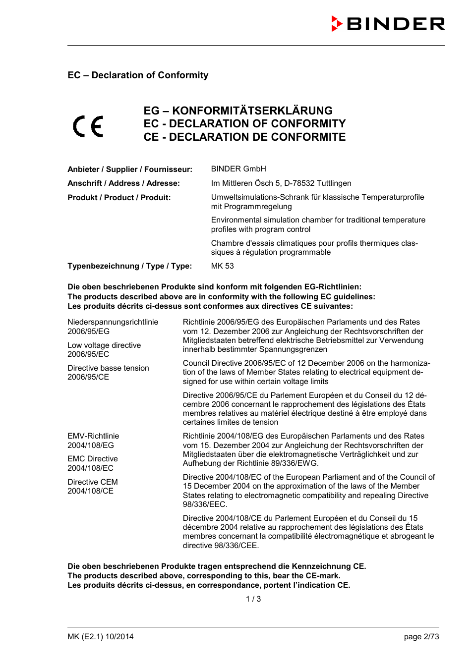 Ec – declaration of conformity | BINDER MK 53 User Manual | Page 2 / 73