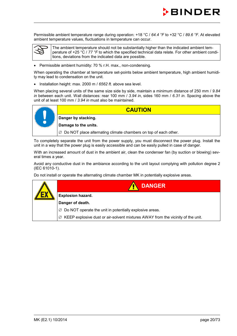 Caution, Danger | BINDER MK 53 User Manual | Page 20 / 73