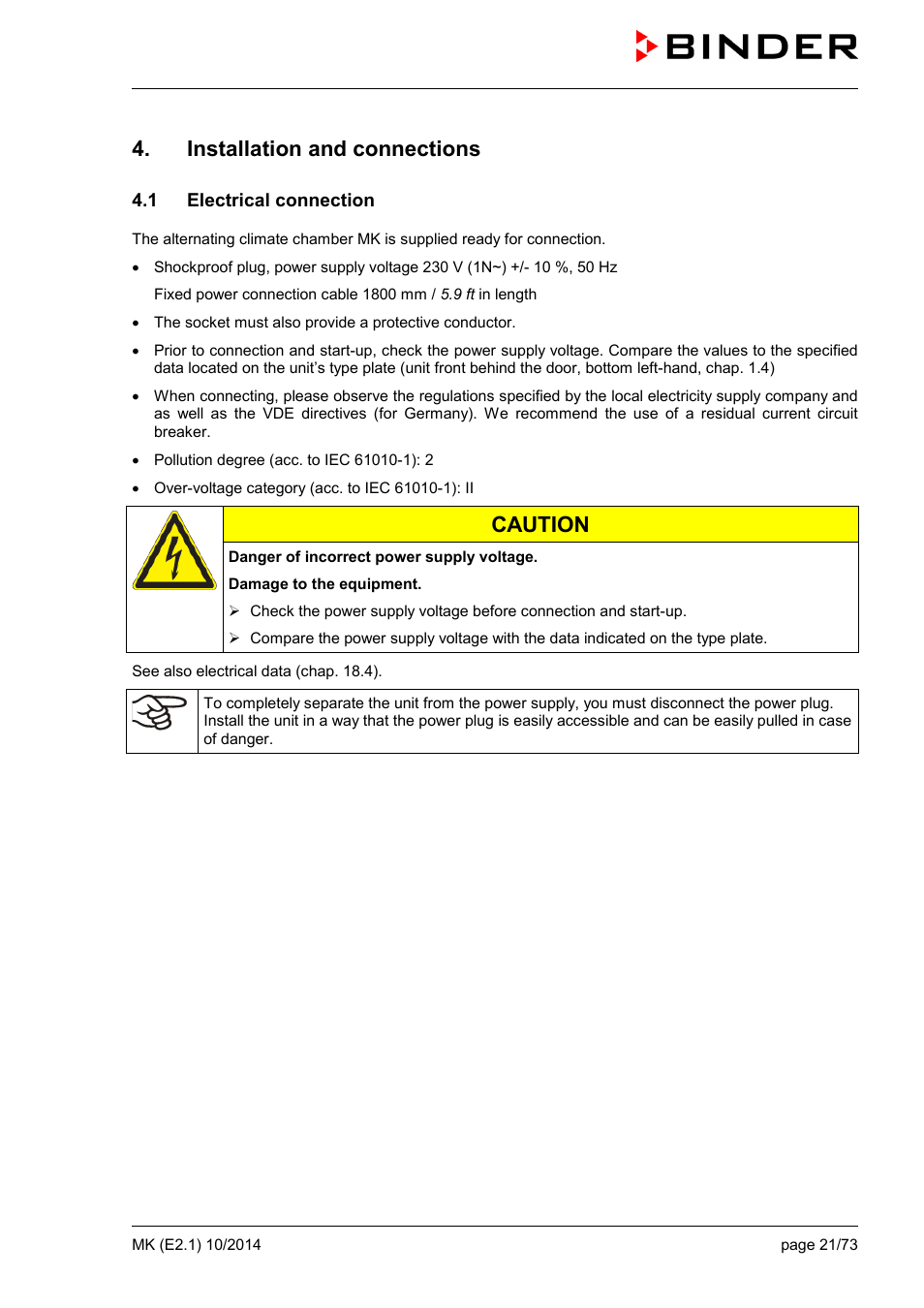 Installation and connections, 1 electrical connection, Caution | BINDER MK 53 User Manual | Page 21 / 73