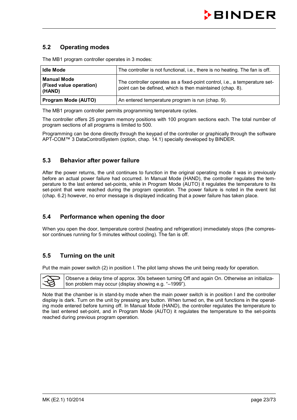 2 operating modes, 3 behavior after power failure, 4 performance when opening the door | 5 turning on the unit | BINDER MK 53 User Manual | Page 23 / 73