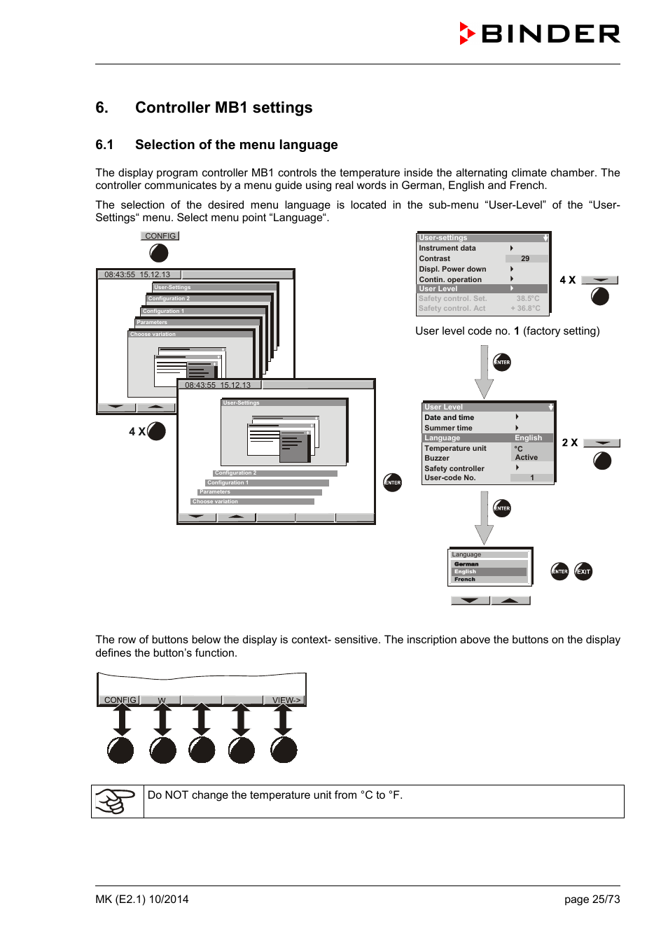 Controller mb1 settings, 1 selection of the menu language | BINDER MK 53 User Manual | Page 25 / 73