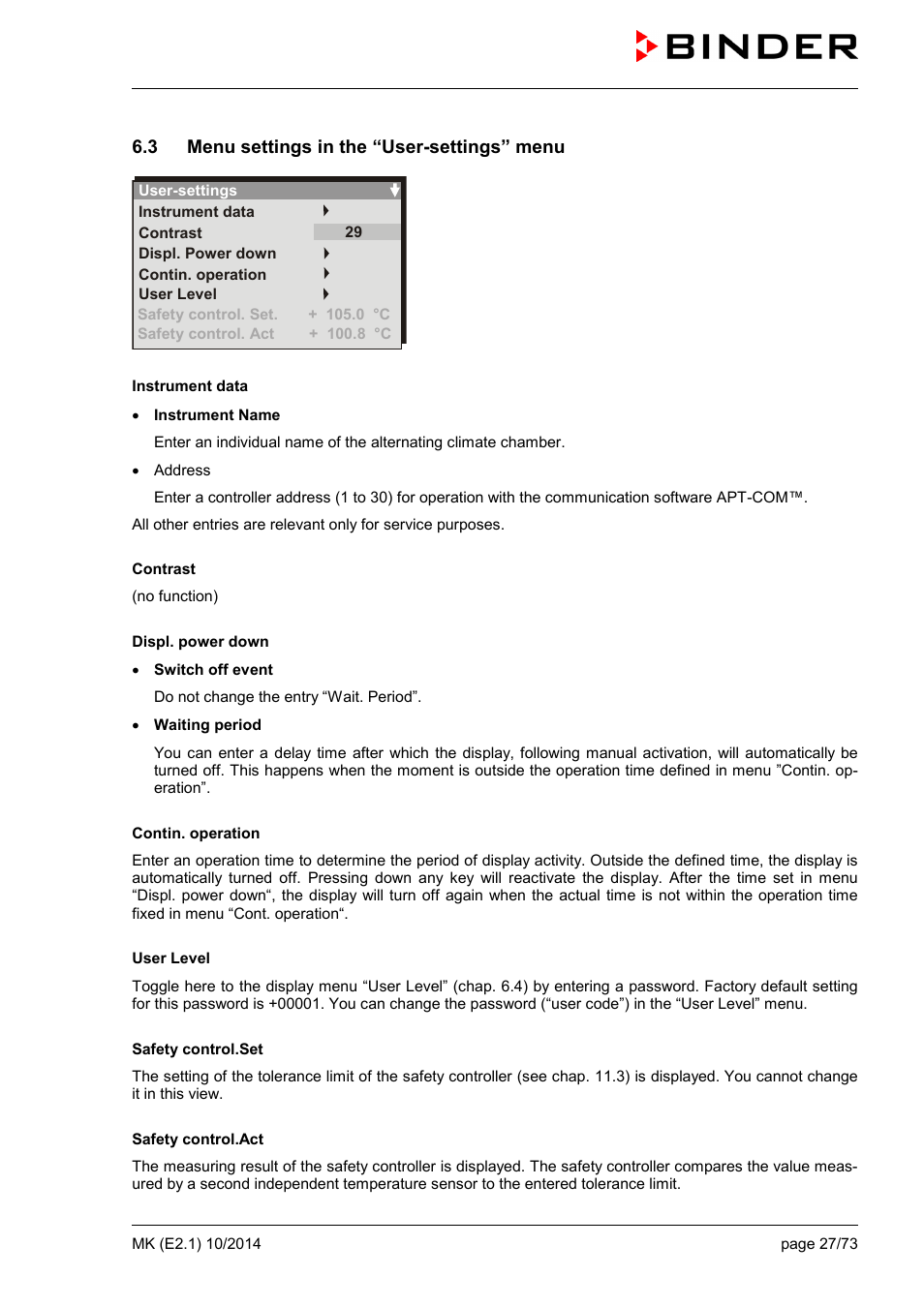 3 menu settings in the “user-settings” menu | BINDER MK 53 User Manual | Page 27 / 73