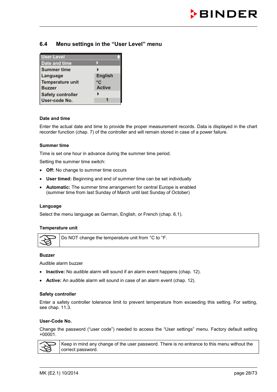 4 menu settings in the “user level” menu | BINDER MK 53 User Manual | Page 28 / 73