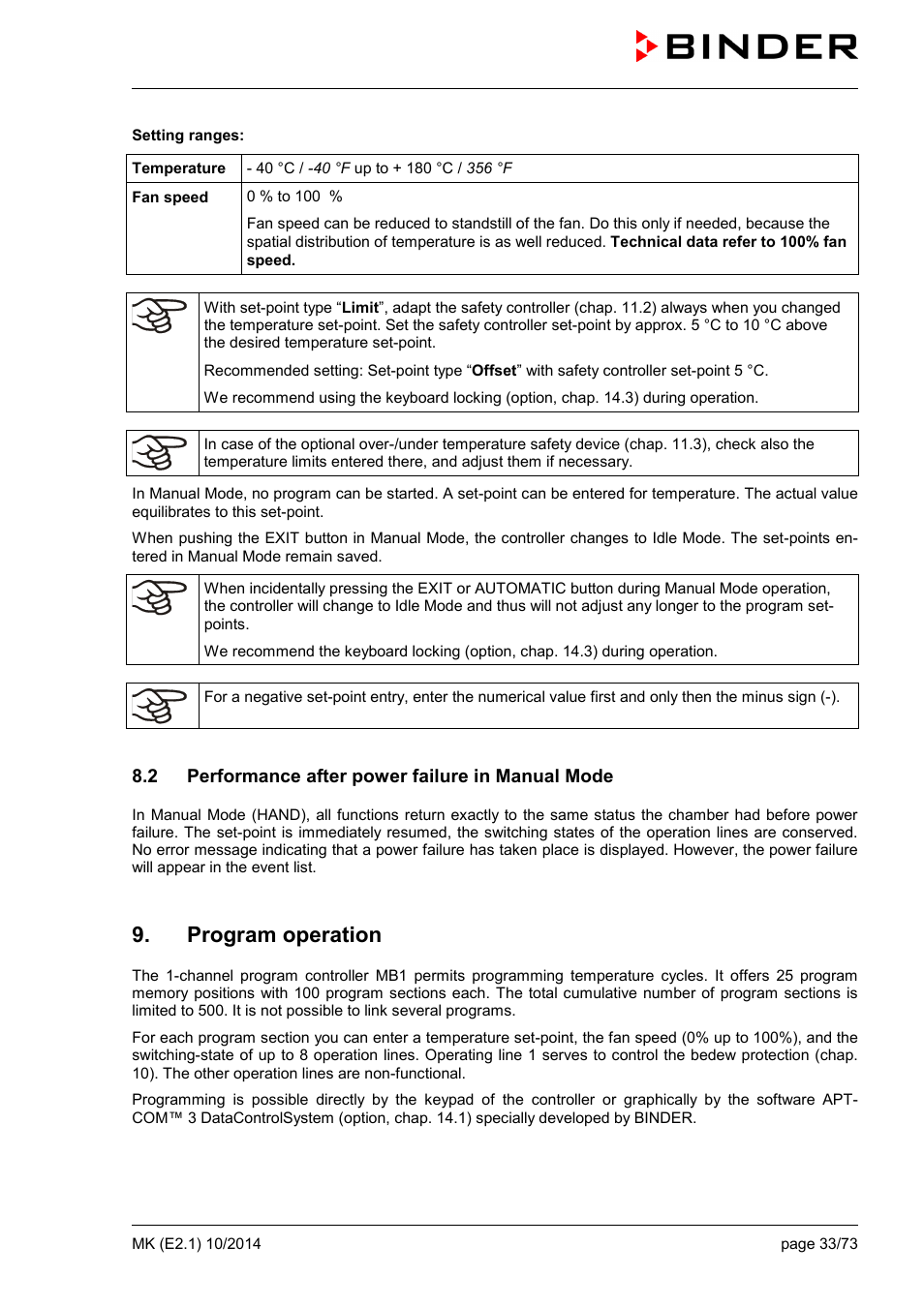 2 performance after power failure in manual mode, Program operation | BINDER MK 53 User Manual | Page 33 / 73