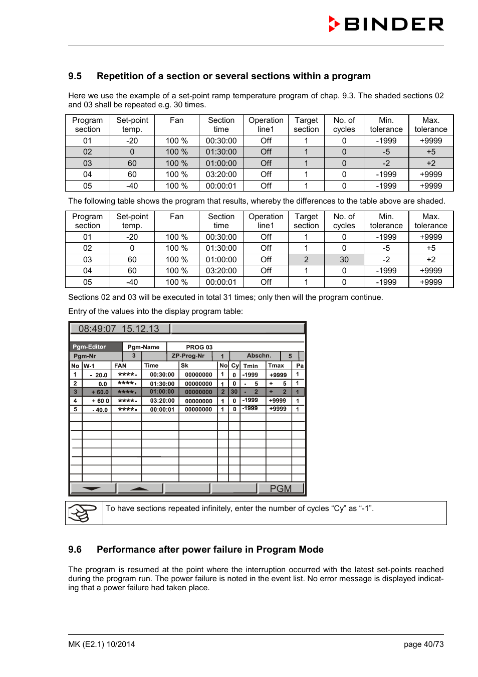 6 performance after power failure in program mode | BINDER MK 53 User Manual | Page 40 / 73