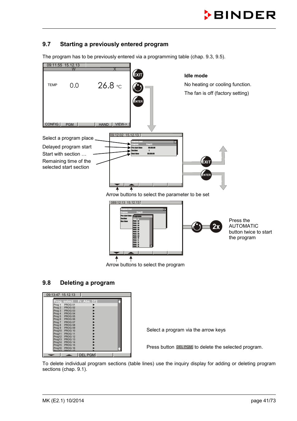 7 starting a previously entered program, 8 deleting a program, Arrow buttons to select the parameter to be set | Select a program via the arrow keys press button | BINDER MK 53 User Manual | Page 41 / 73