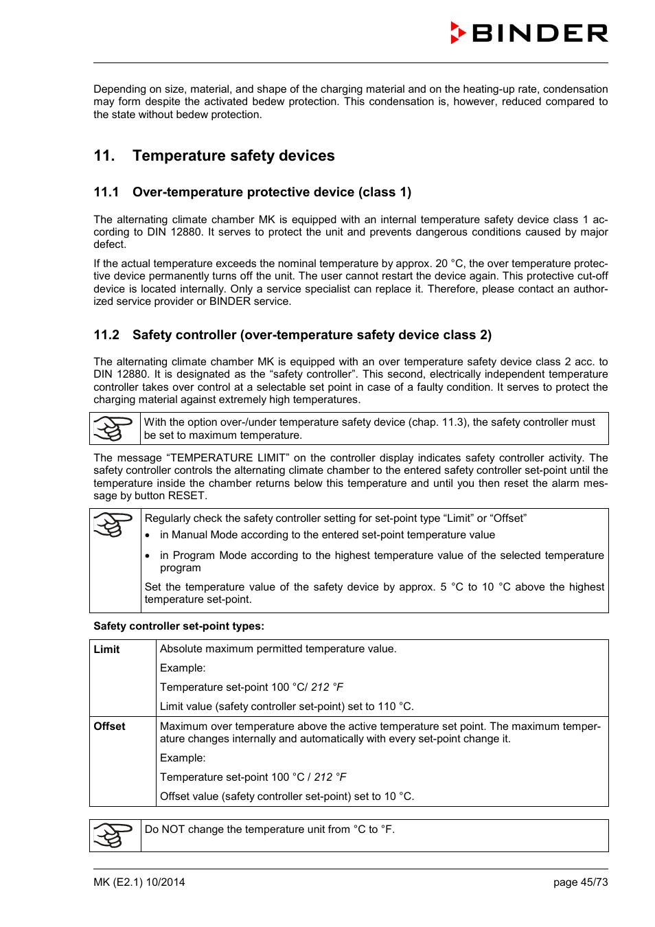 Temperature safety devices, 1 over-temperature protective device (class 1) | BINDER MK 53 User Manual | Page 45 / 73