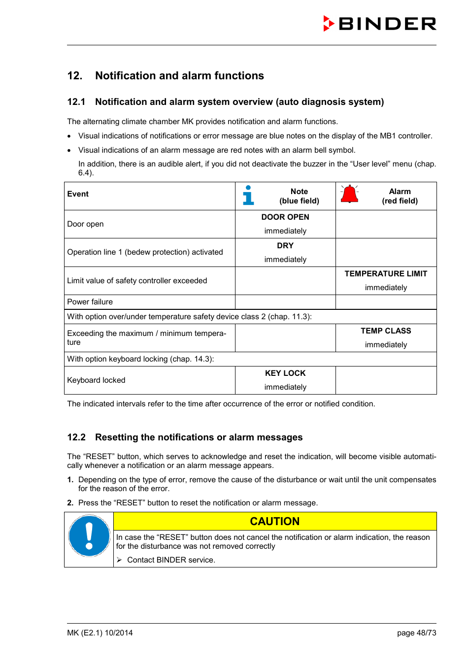Notification and alarm functions, 2 resetting the notifications or alarm messages, Caution | BINDER MK 53 User Manual | Page 48 / 73