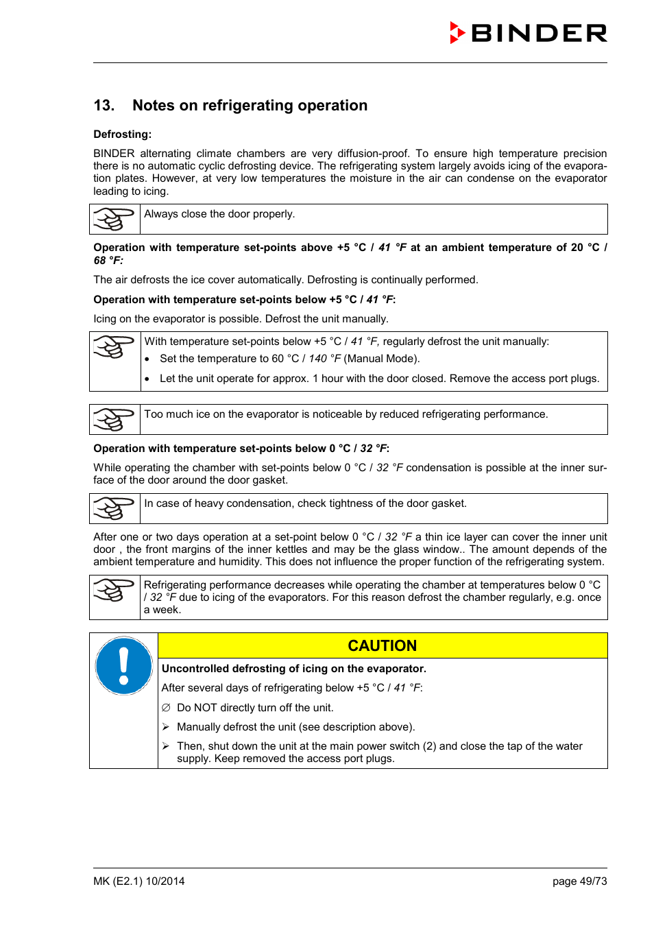 Notes on refrigerating operation, Caution | BINDER MK 53 User Manual | Page 49 / 73