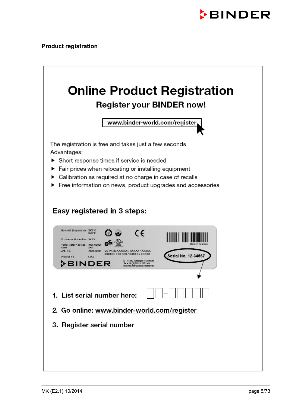 Product registration | BINDER MK 53 User Manual | Page 5 / 73